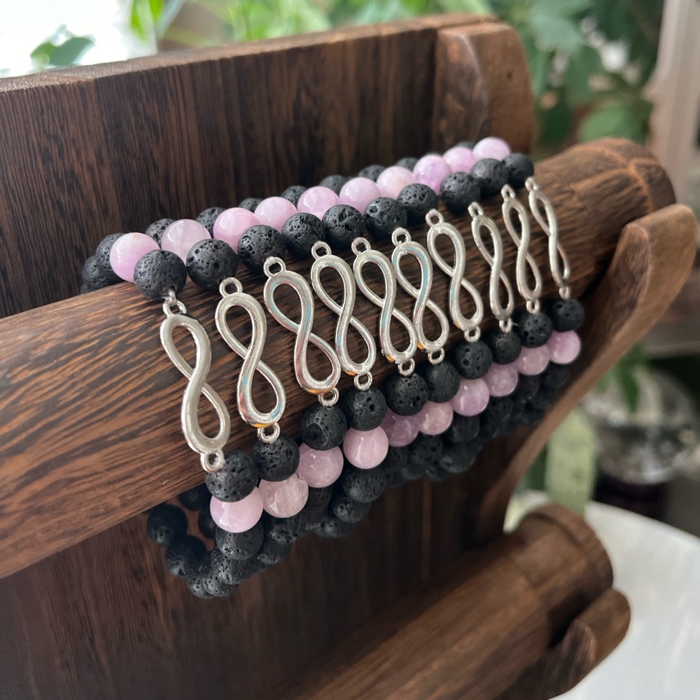 Kunzite and lava stone infinity bracelet (one)